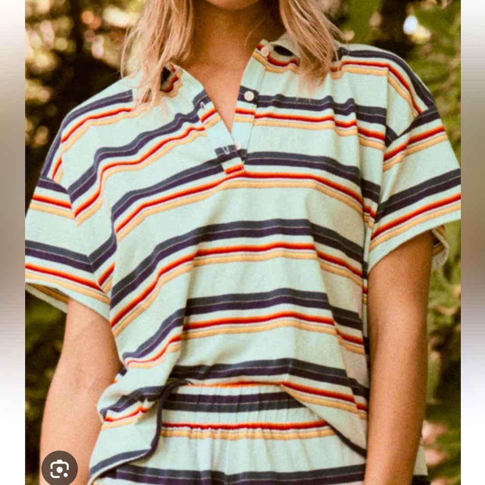 THE GREAT. Mint Striped Polo Tee with Navy, Red and Orange Stripes 1 - Picture 1 of 12